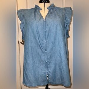 NWT 2XL Sleeveless Denim Ruffle Top | Button Front Lightweight Jean Blouse